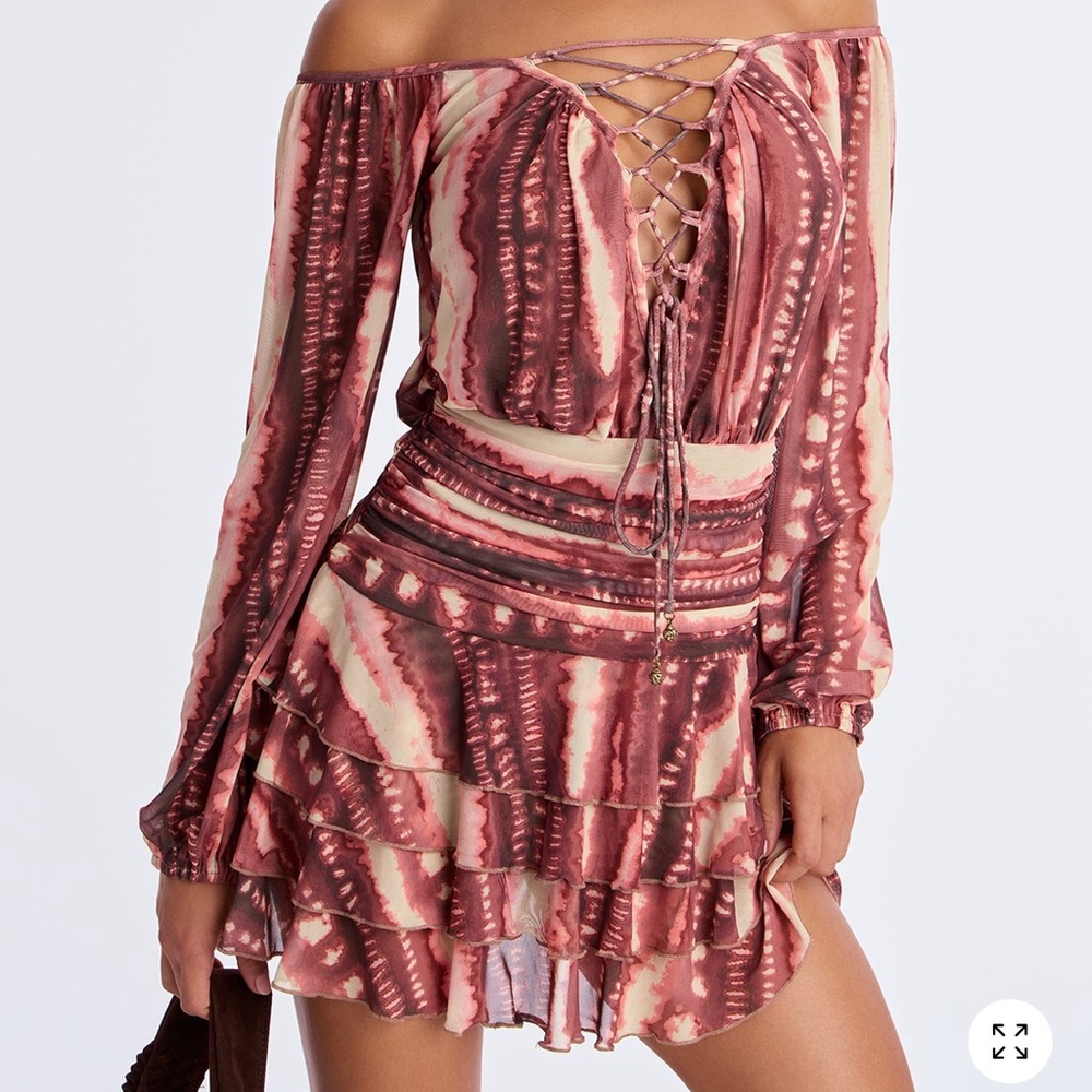 Fashion Nova Mauve Pink Tie-Dye Off-Shoulder Lace-Up Ruffled Mini Dress